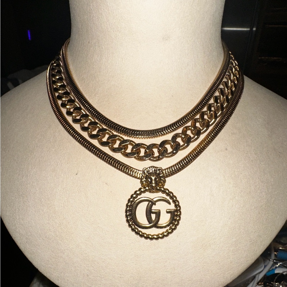 SOLD Authentic Gucci Lion Monogram Pendant upcycled on a Monet  necklace